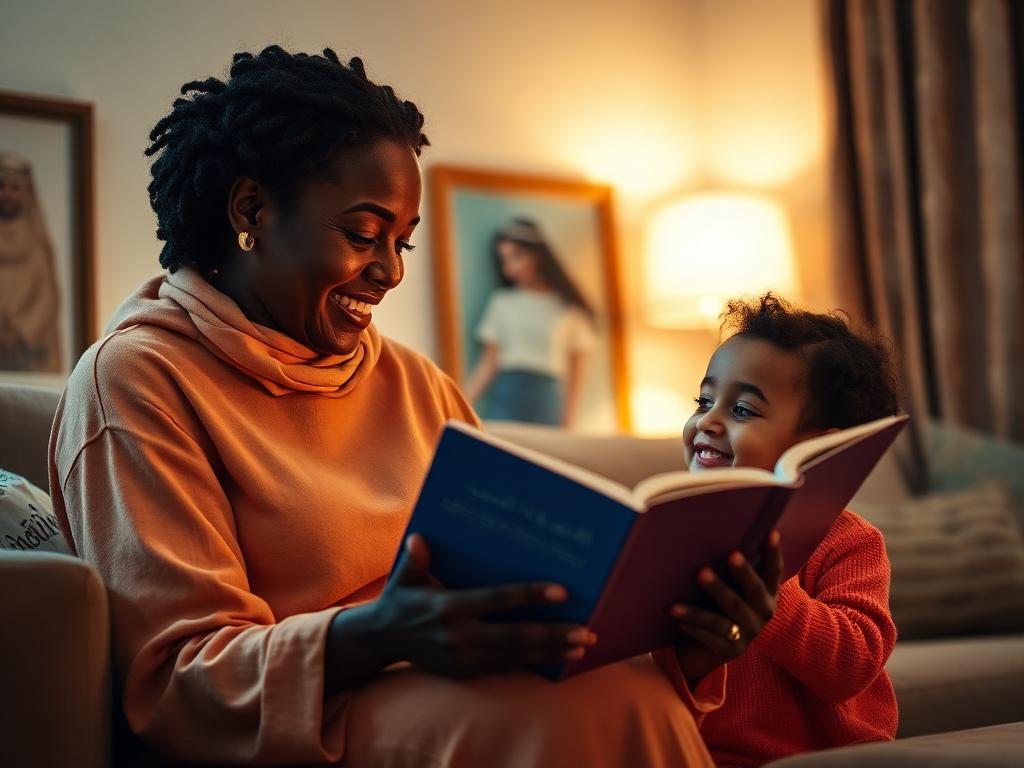Tayyib Shaghalats nanny reading a storybook to a child