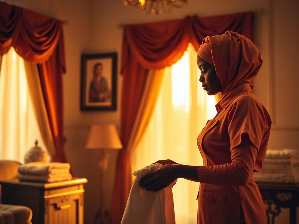 Tayyib Shaghalats housekeeper folding fresh laundry